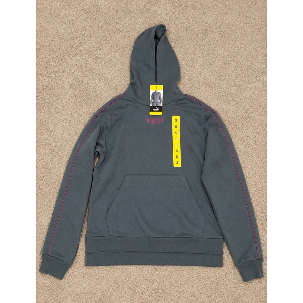 Puma Womens Hoodie Dark Gray Pink Piping Logo Pullover Sweatshirt Small NWT